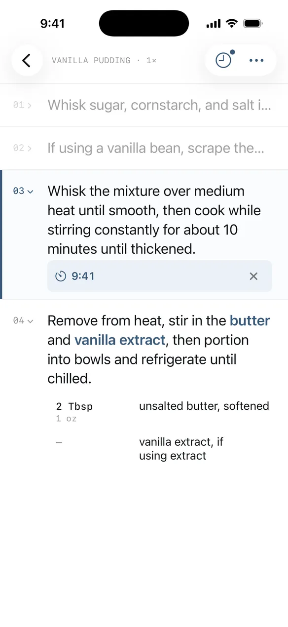 Cooking mode with a running step timer