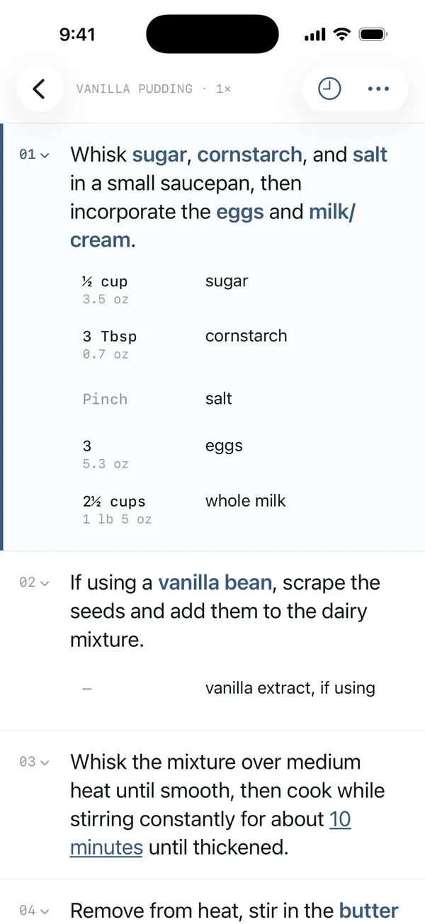 Cooking mode showing the ingredients a step needs