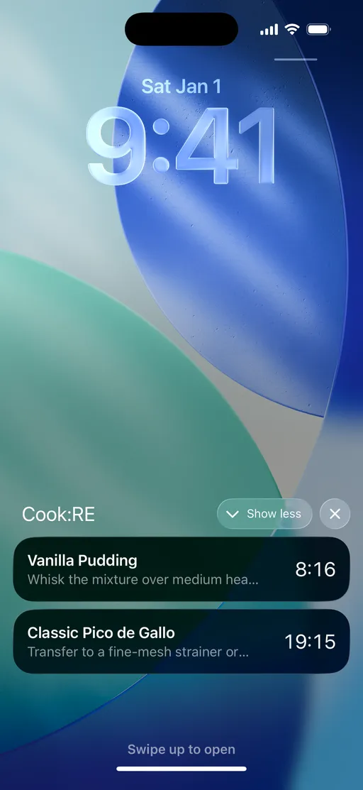 Two Cook:RE timers running on the iPhone lock screen